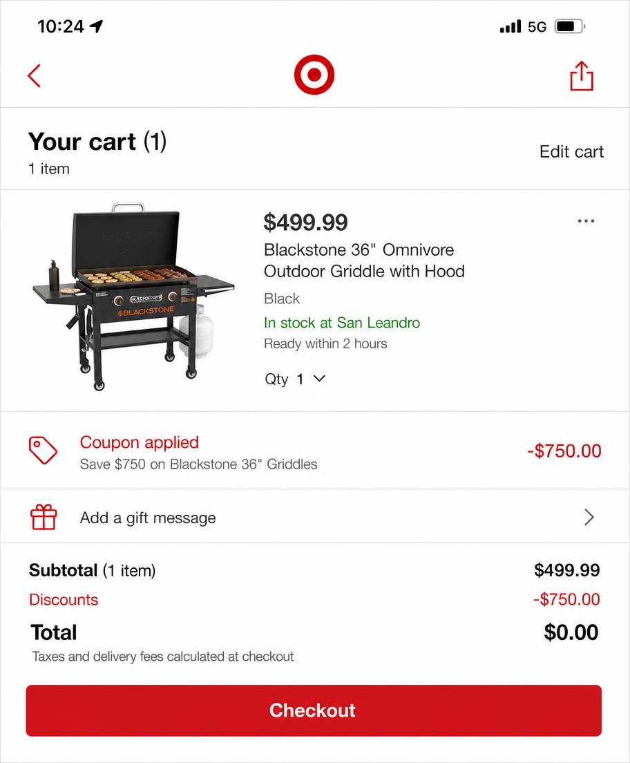 Blackstone griddle cart screenshot showing the promo discount