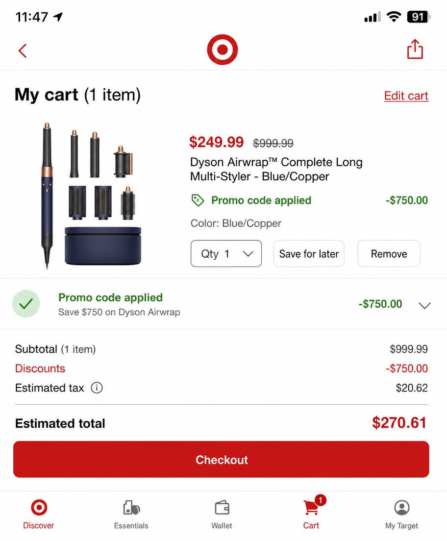 Dyson Airwrap cart screenshot showing the promo discount