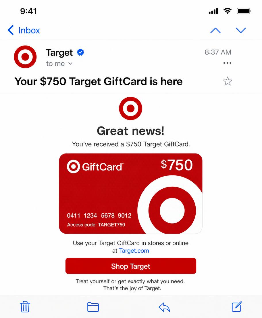 Email screenshot showing a received prepaid Target gift card