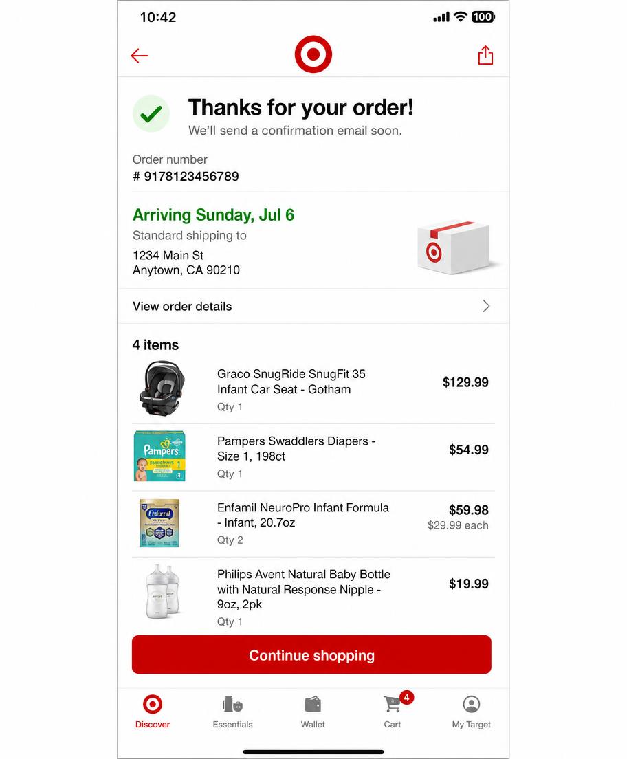 Target order confirmation screenshot for baby items arriving Sunday July 6